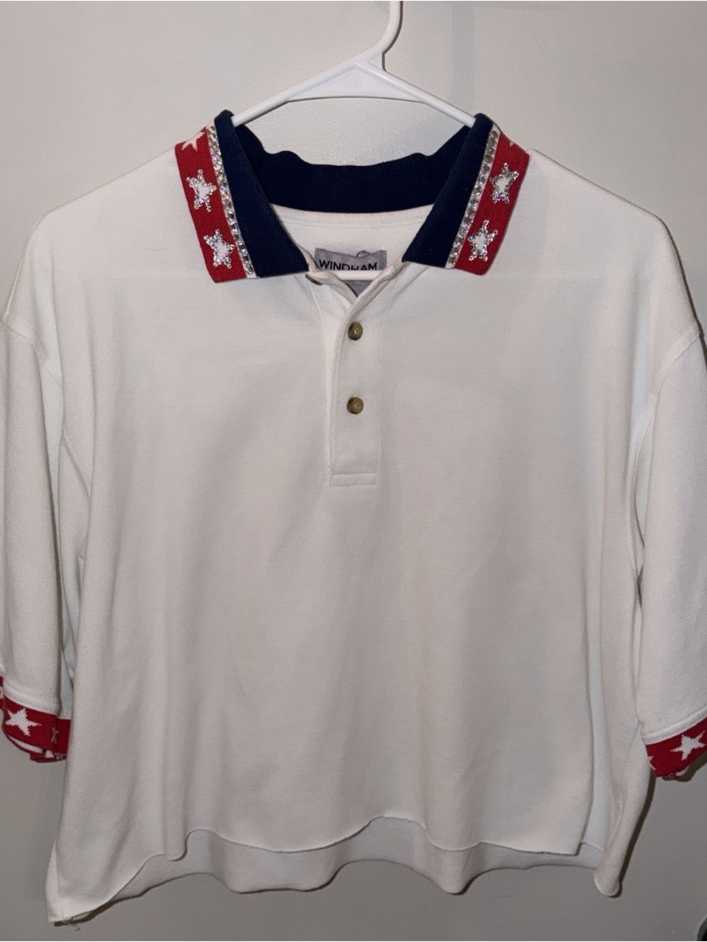 Windjam Women's White Crop Polo with Red & Navy Star-Trim Collar